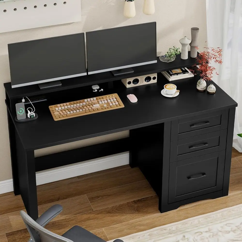 مكتب تنفيذي بذراع مقاس 47 بوصة مع حامل شاشة وأضواء LED ومنافذ طاقة للمكتب المنزلي والدراسة والكتابة باللون الأسود