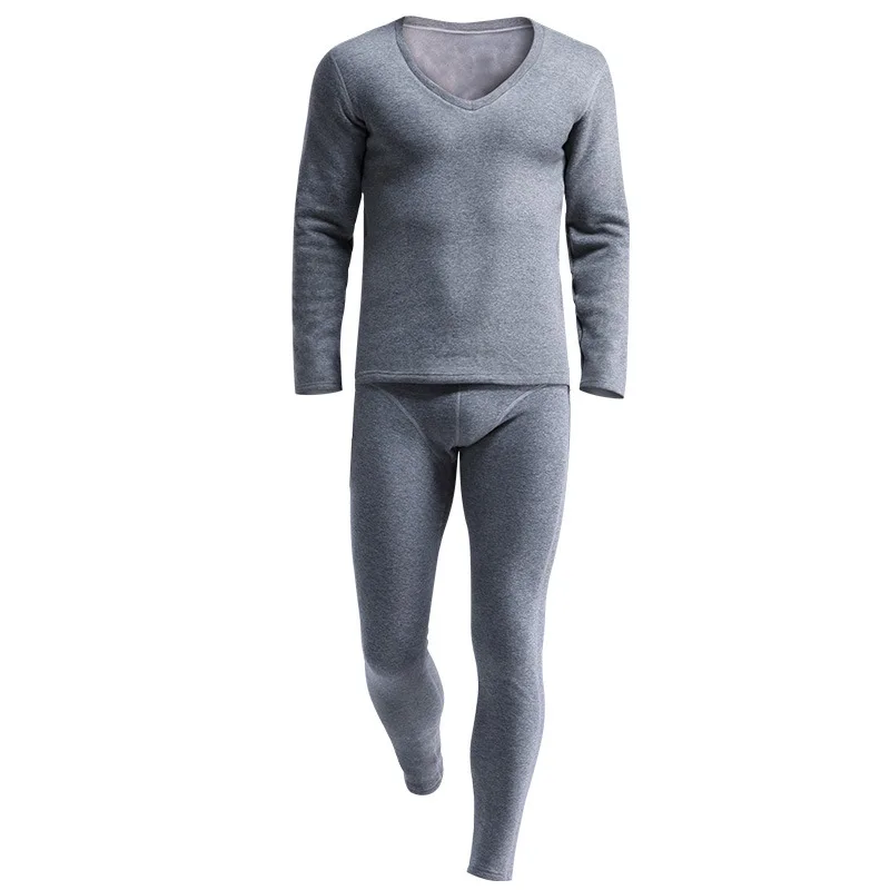 Men's Thickened and Velvet Winter V-neck Tight and Slim Cotton Long Johns Thermal Underwear Set