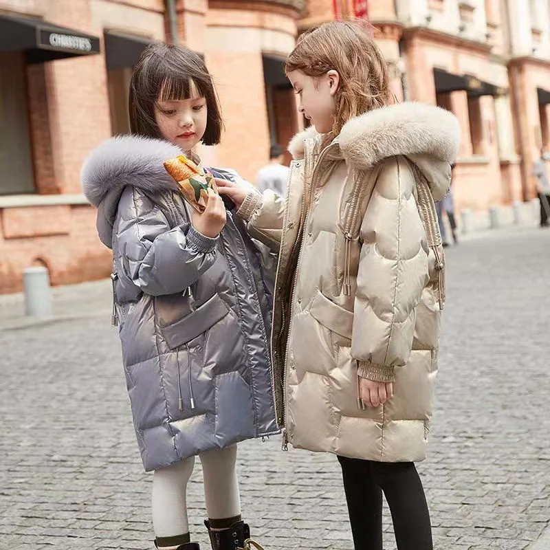 Girls Glossy Jackets Kids Thicken Warm Outerwear Fashion Hooded Coats Teens 2024 New Cotton Overcoat Winter Casual Parkas