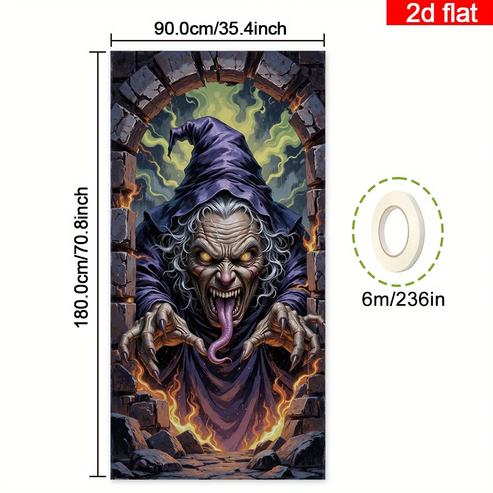 طائرة ثنائية الأبعاد، لافتة باب ثنائية الأبعاد، لافتة باب كبيرة للهالوين - ساحرة الشبح، ديكور منزلي مسكون على الطراز القوطي