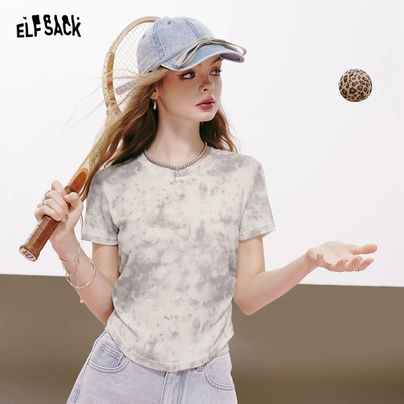 

ELFSACK 2024 summer new arrival Smudge-dyed slim fit straight shoulder curved hem short-sleeved gray T-shirt for women