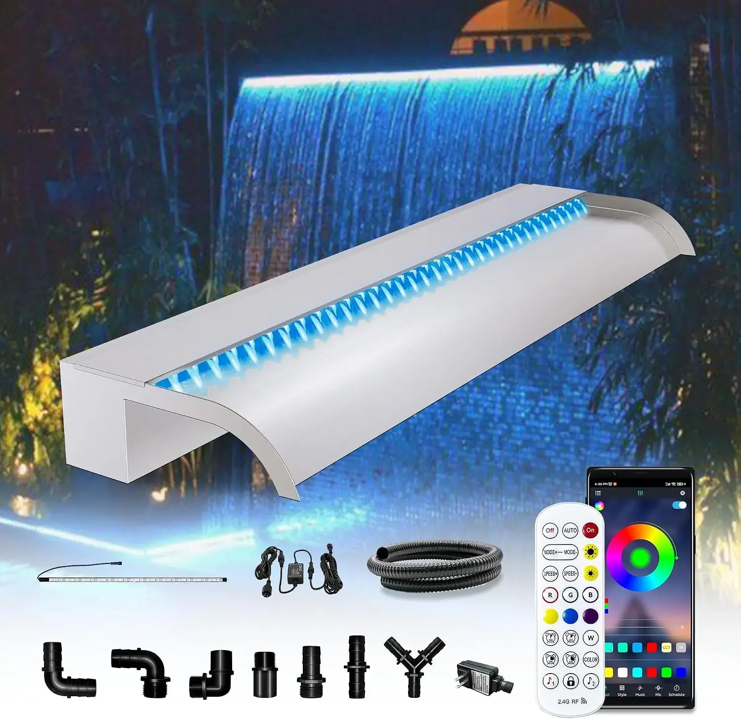 Waterfall Pool Fountain, Stainless Steel Waterfall Spillway for Pools and Ponds - 35.4