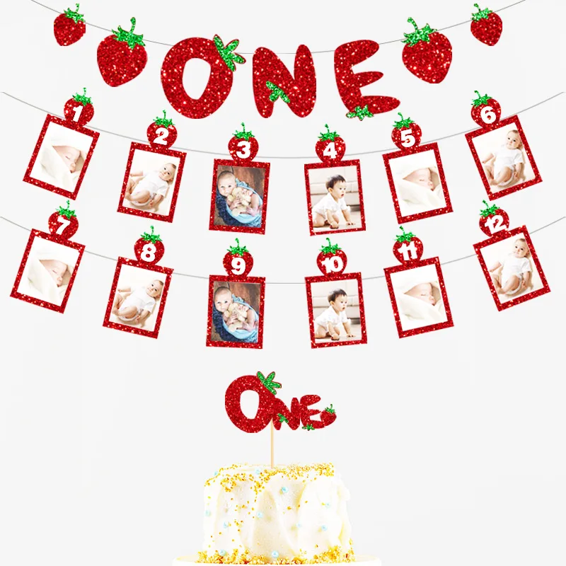 Sweet Strawberry First 1st Birthday Baby 12 Months Banner Photo Frame Banners Garland for Baby Shower Birthday Party Decoration