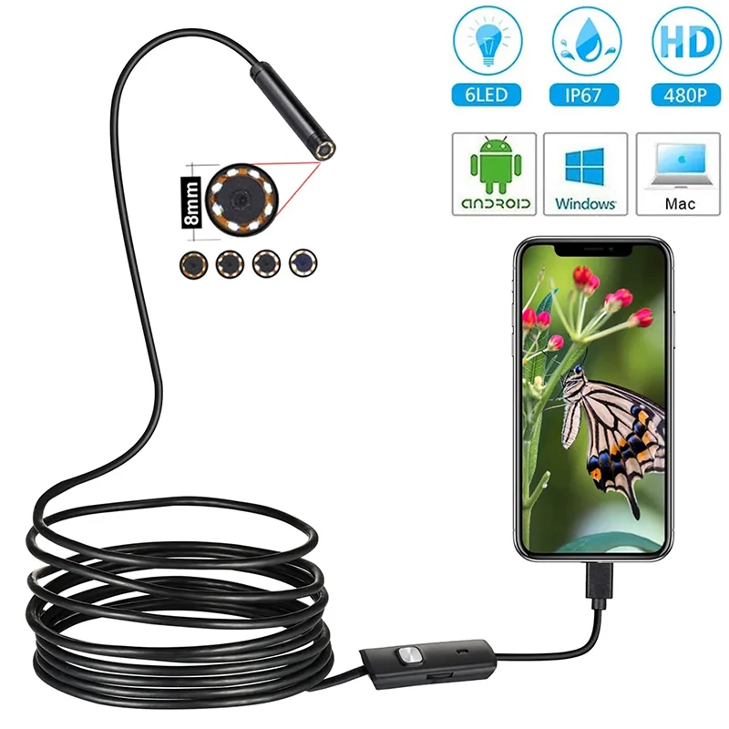 Industrielle Endoskopkamera, 7 mm, IP67, wasserdicht, Inspektionsendoskop, 6 LEDs, verstellbar, für Android-Telefone, Kanalisation, Auto, PC, USB Typ C