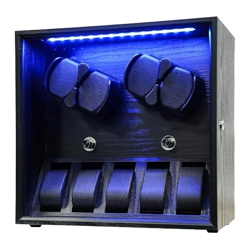 Wooden Watch Winder for Automatic Watches Rotating Display Case 5 Modes LED Super Quiet Mabuchi Motor Leather Lining