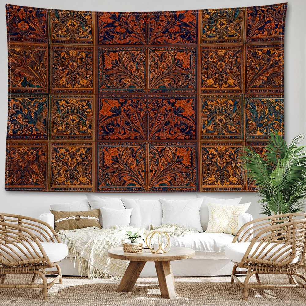 Brown Orange Botanical Patchwork Printed Tapestry Wall Hanging Bohemian Style Bedroom Home Decor