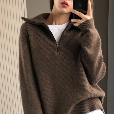 Autumn and winter new cashmere sweater women's high-necked zipper plus size sweater loose polo neck knitting thickening