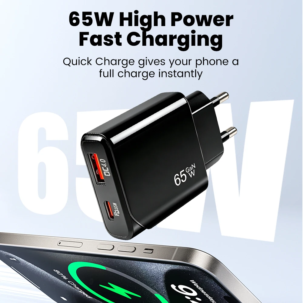 65W GaN Ultra-thin Charger PD 35W QC 25W Dual-Port Power Adapter Laptop Tablet Mobile Phone Charger Fast Charging