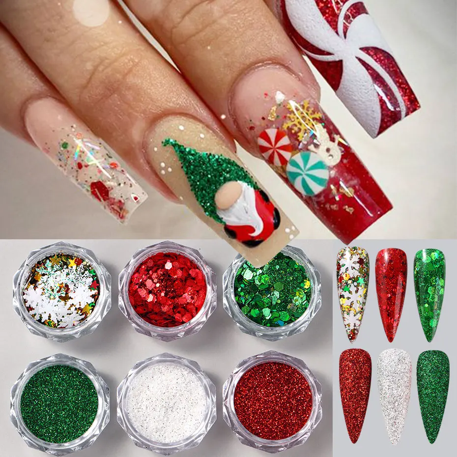 6-Farben Winter Schneeflocke & Glitzer Nagelpulver Weihnachten Rot Grün Sechseck Nagelflocke Neujahr Festival Maniküre Pailletten Dekor