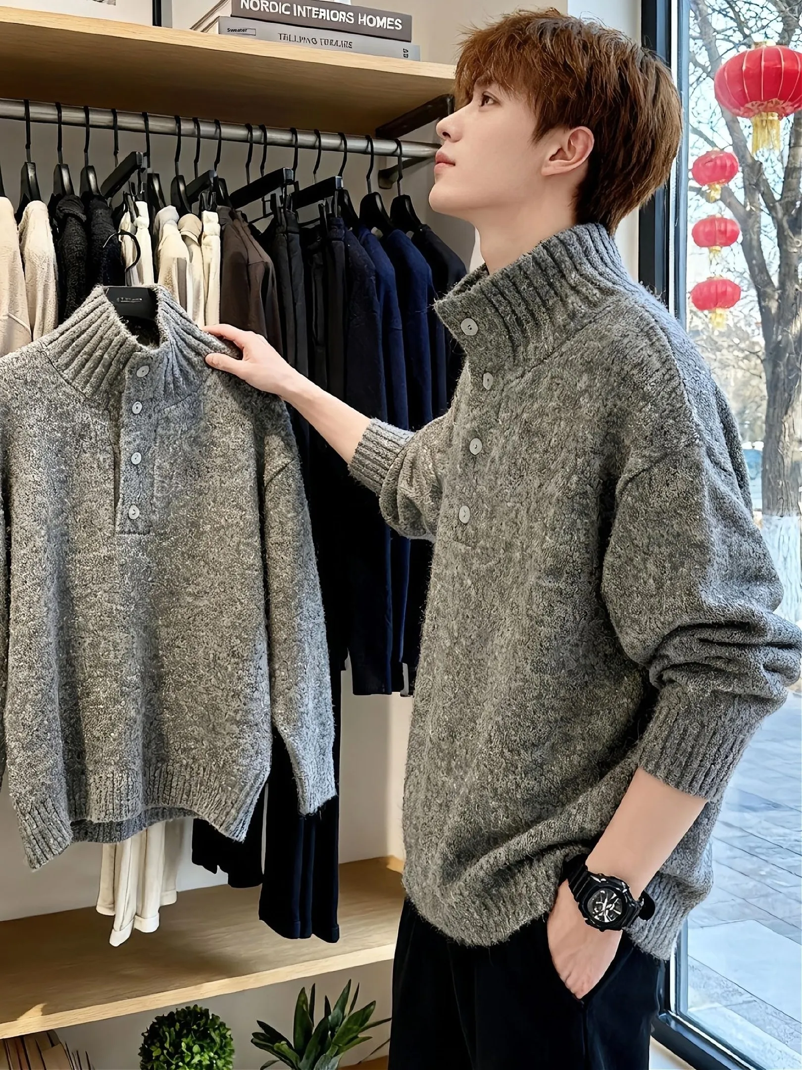 

Deep ey American Sle Men's Knitted Sweater f High Collar Winter Lazy Sle Henry Collar Knitwear Haome Inner irt