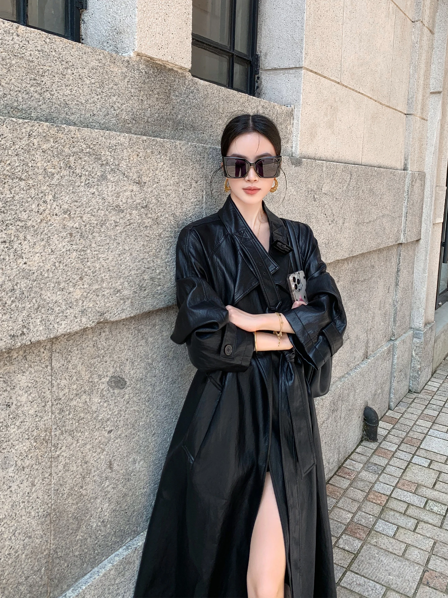 

Женское приталенное длинное пальто Binguo Hong Kong из искусственной кожи с воротником-стойкой и поясом, в стиле ретро, весна-осень