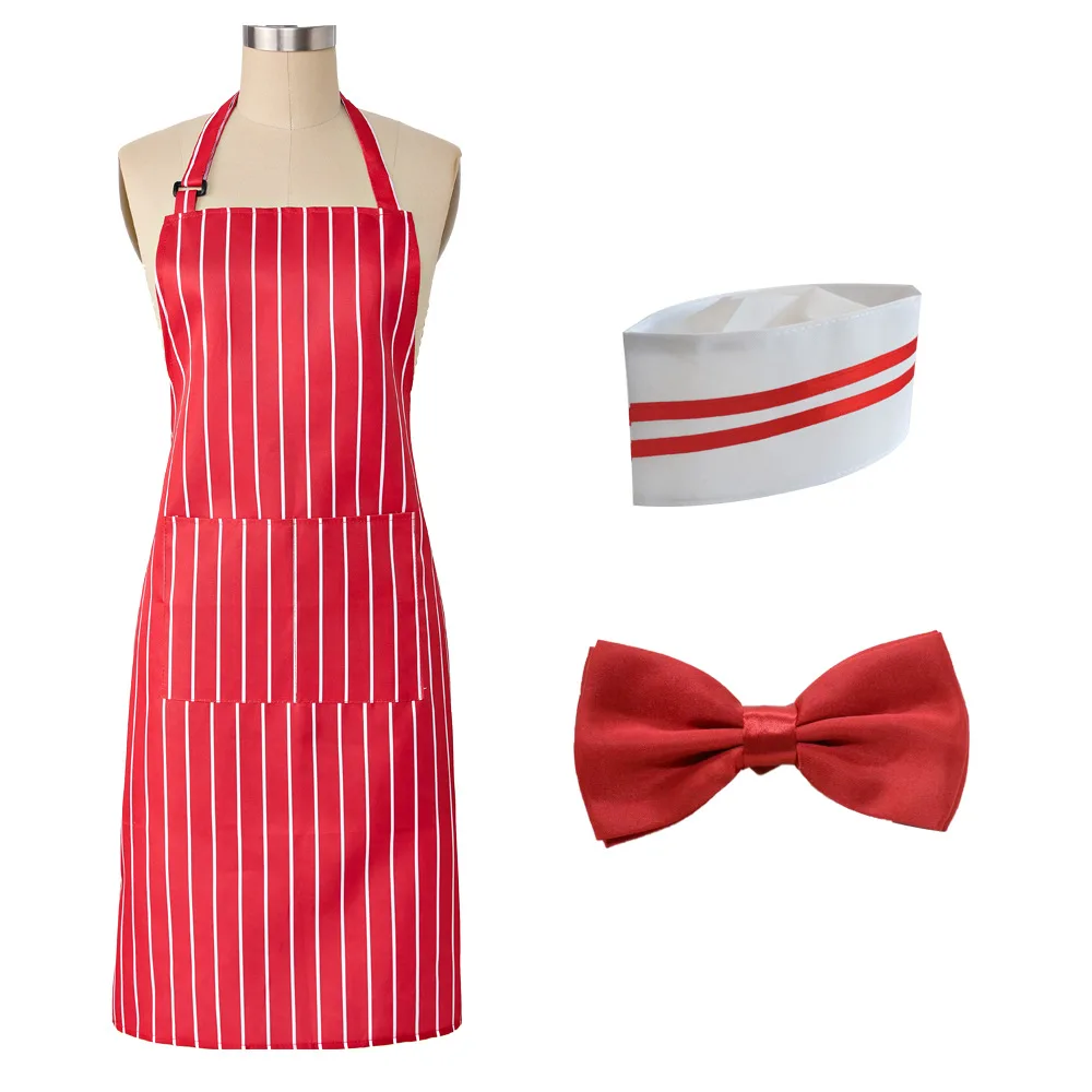 Cosplay Era Waiter Costume Suit Apron Hat Bow Hotel Restaurant Red and White Stripe Apron Hat Festival Show Suit