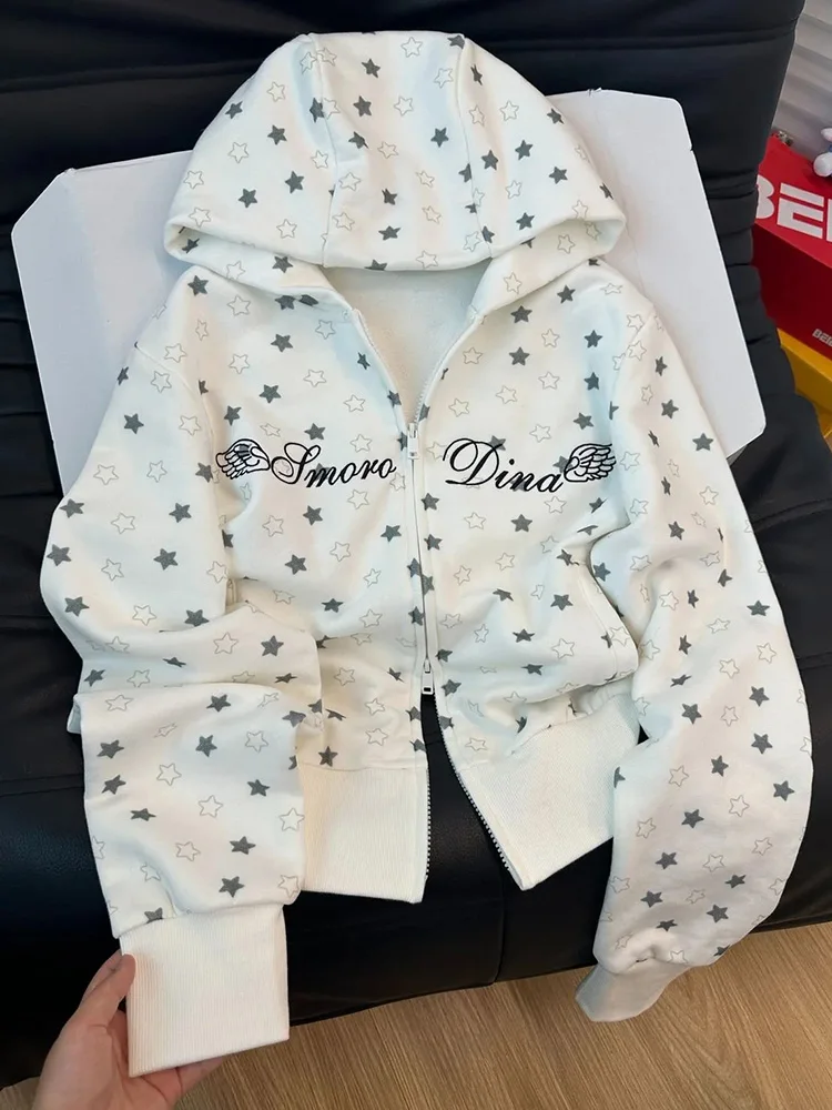 

Zoki Stars Print Vintage Hoodies Women Preppy Style Zipper American Sweatshirt Fall Long Sleeve Female Retro Harajuku Loose Tops