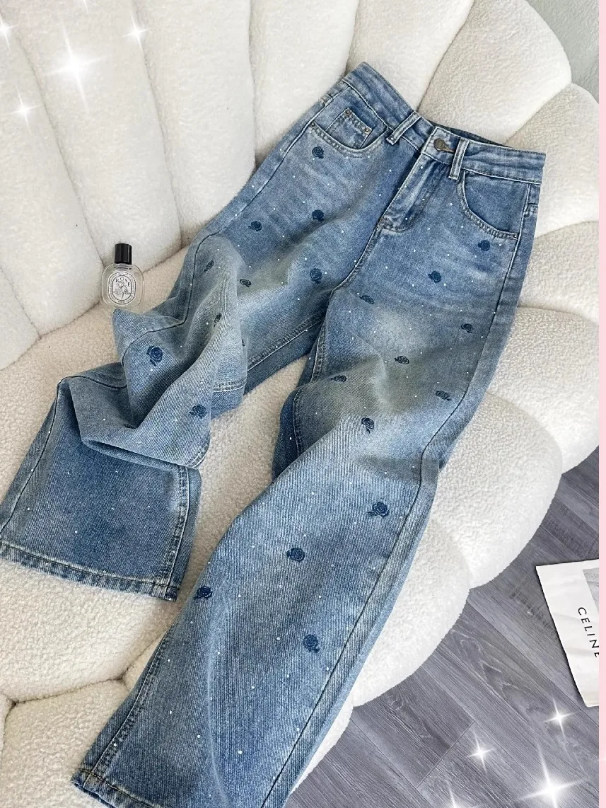 

Синие широкие джинсы с вышитыми цветами и бриллиантами для женщин, весна-лето, новый стиль, повседневные универсальные прямые брюки с высокой талией