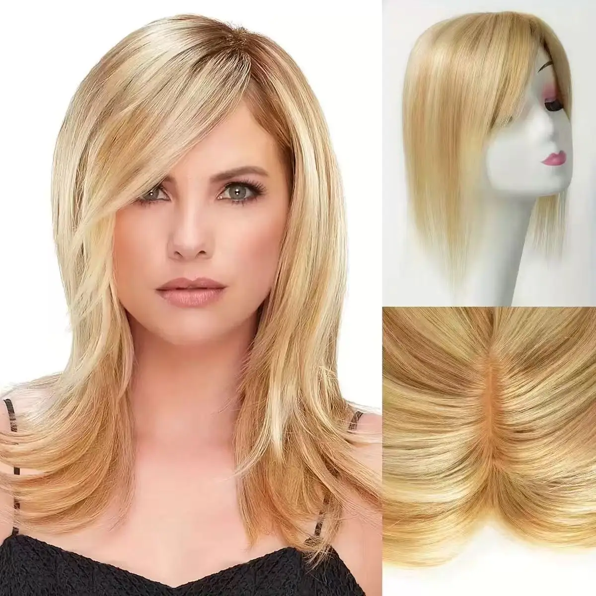 

Hand-Tied Human Hair Women Topper – 14" Ombre Hairpiece Middle Part Lightweight Design Woman Wig For Hair Loss