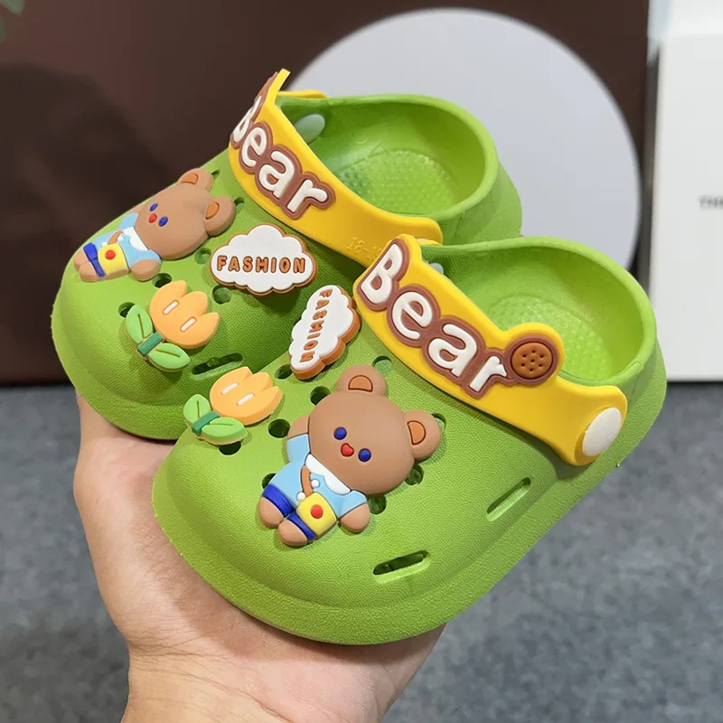 New cartoon children's indoor/outdoor slippers with perforated design, featuring adorable rabbit, strawberry, flower, and letter