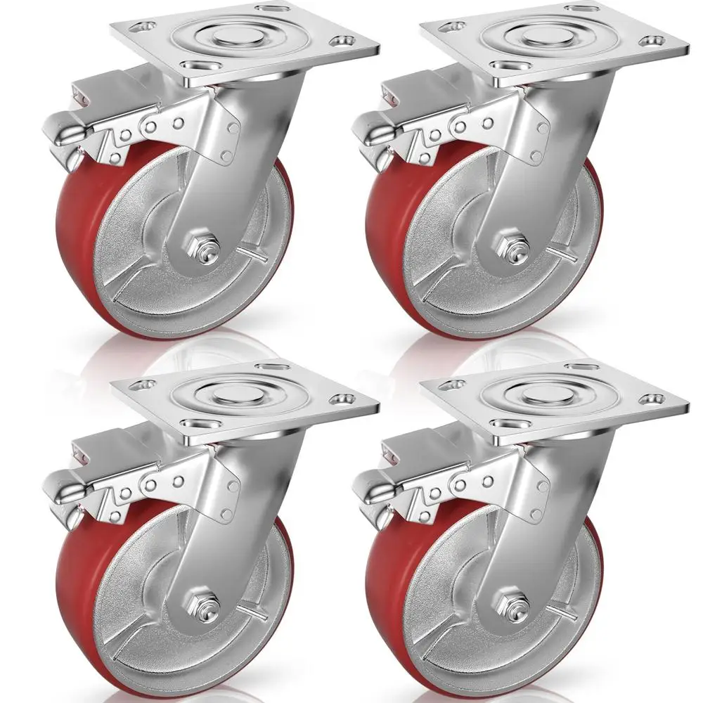 Set of 4 6 Inch Heavy Duty Caster Wheels Lockable Brake Swivel Plate PU on Steel 1250 lbs Capacity Toolbox Workbench Furniture