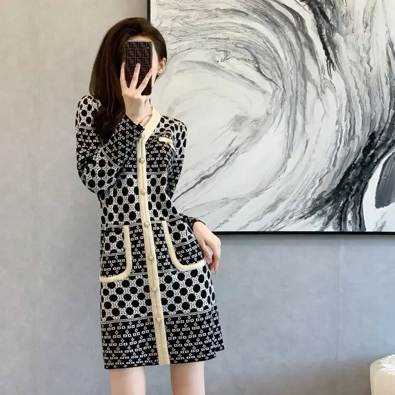 

Dress Women 2025 Spring Autumn New Korean Loose V-neck Long Sleeve Knitted Skirt Sweater Straight Tube Inside
