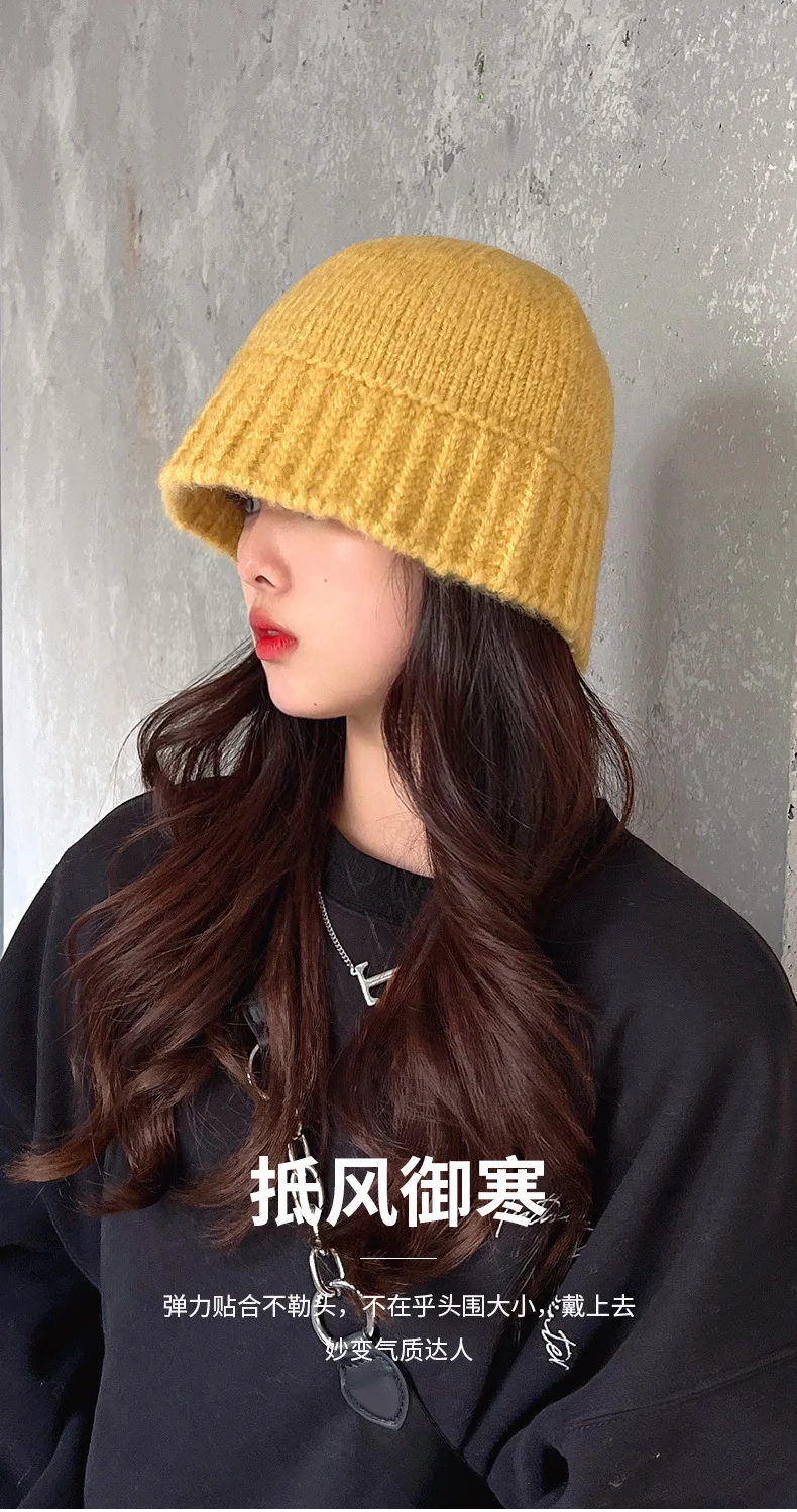 Women and Youth Girls Winter Bucket Hat Fashion Knit Y2K Beanie Cap Solid Color Warm Crochet Bonnets