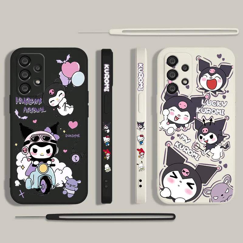 Cartoon Cute Kuromi Phone Case For Samsung A55 A53 A33 A52 A32 A71 A51 A21S A35 A25 5G Liquid Left Rope Funda