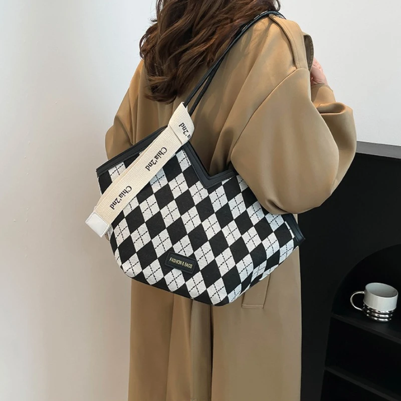 Chic Grid Shoulder Bags, Leather Handle, Decorative Ribbon, Vintage Handbag for Women's Commute, Daily Shopping Casual Tote Bag