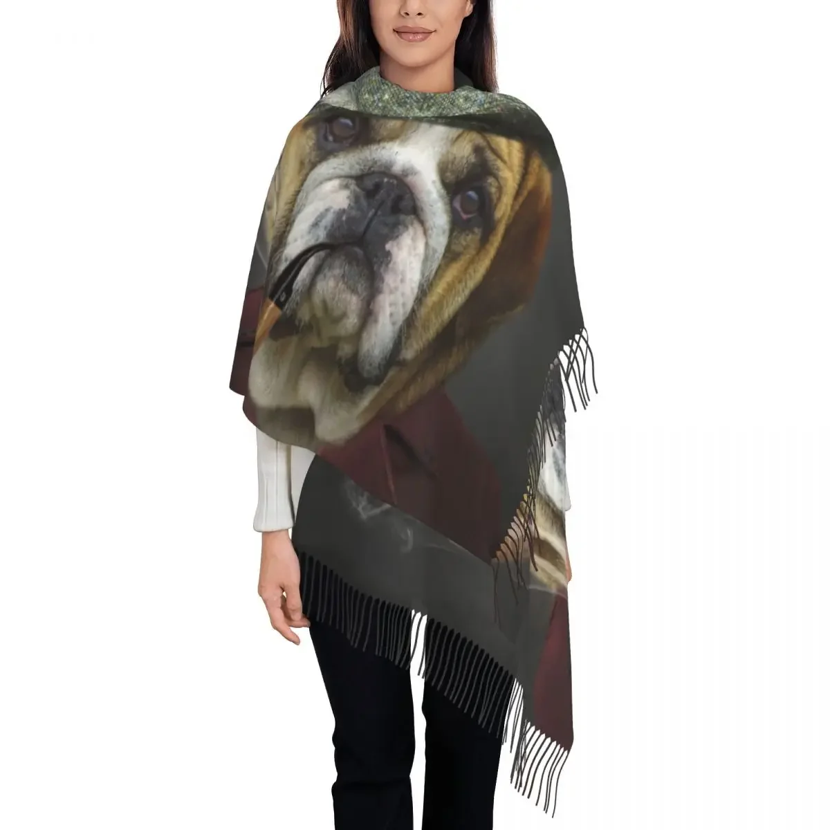 Cute English Bulldog Scarf Wrap Women Long Winter Warm Tassel Shawl Unisex Pets Doggo Dogy Funny Puppy Scarves