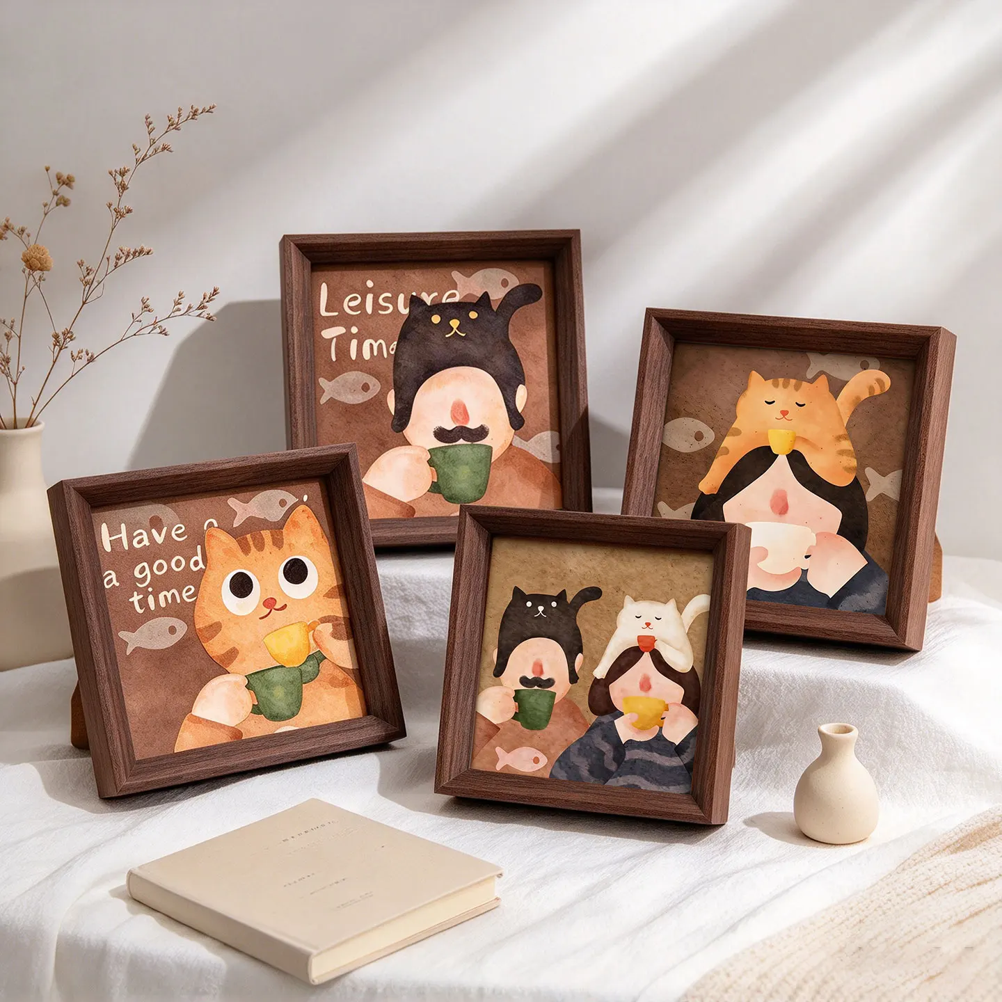 Mid Century Maillard Style Wooden Framed Art Print Cute Cat Tabletop Picture Frame Desktop Decor for Home Shelf Cat Lover Gift