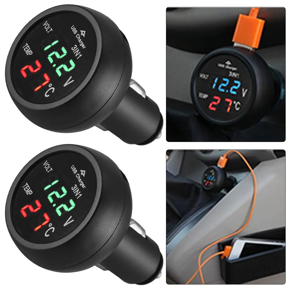 

2 шт. 3-в-1 автомобильный цифровой LED-вольтметр 12/24В + термометр + USB-зарядное устройство (зеленый)