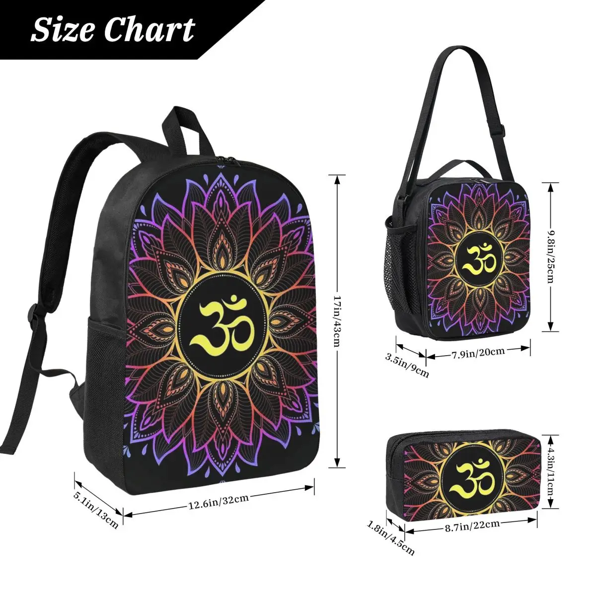 Gold Golden Mandala Om Yoga Aum Ohm Henna Backpack BookBag School Bag Laptop Shoulder Bags 3ps Insulated Lunch Bag Pencil Case