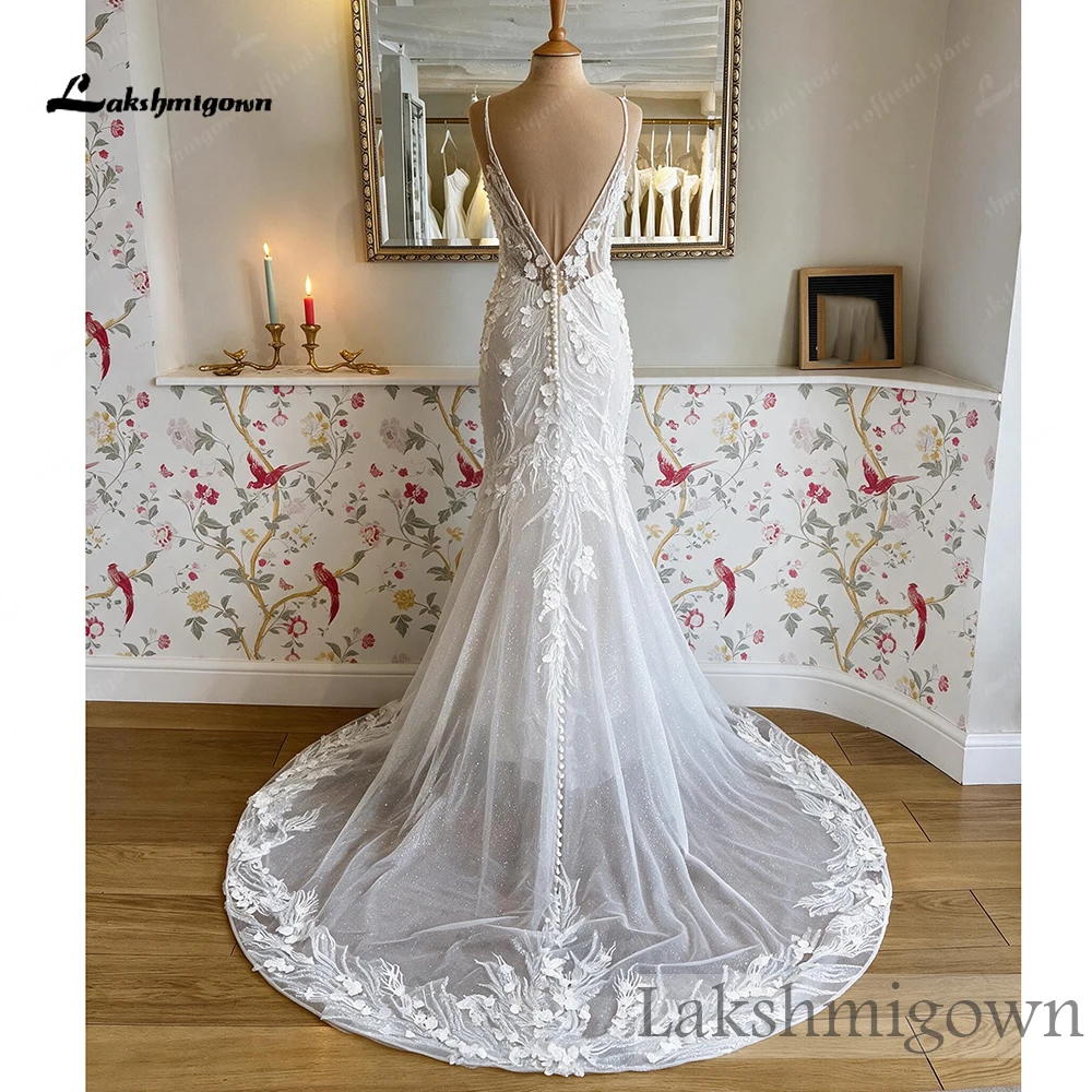 Lakshmigown Meerjungfrauen-Brautkleid mit Spaghettiträgern, tiefem V-Ausschnitt, 3D-Blumenspitze, Perlen und Glitzer-Tüll, individuell anpassbar – Detail 7