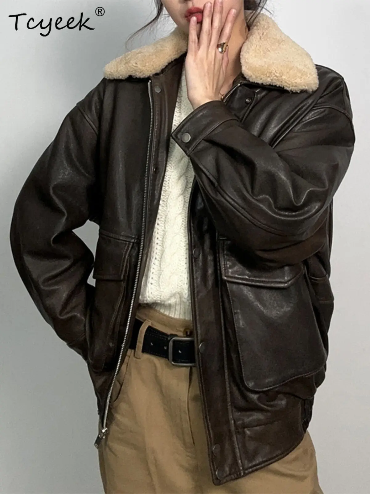 Tcyeek Real Leather Jacket Women Winter Clothes Loose Fit Sheepskin White Goose Down Coat Woman Lamb Wool Collar Jaqueta Couro