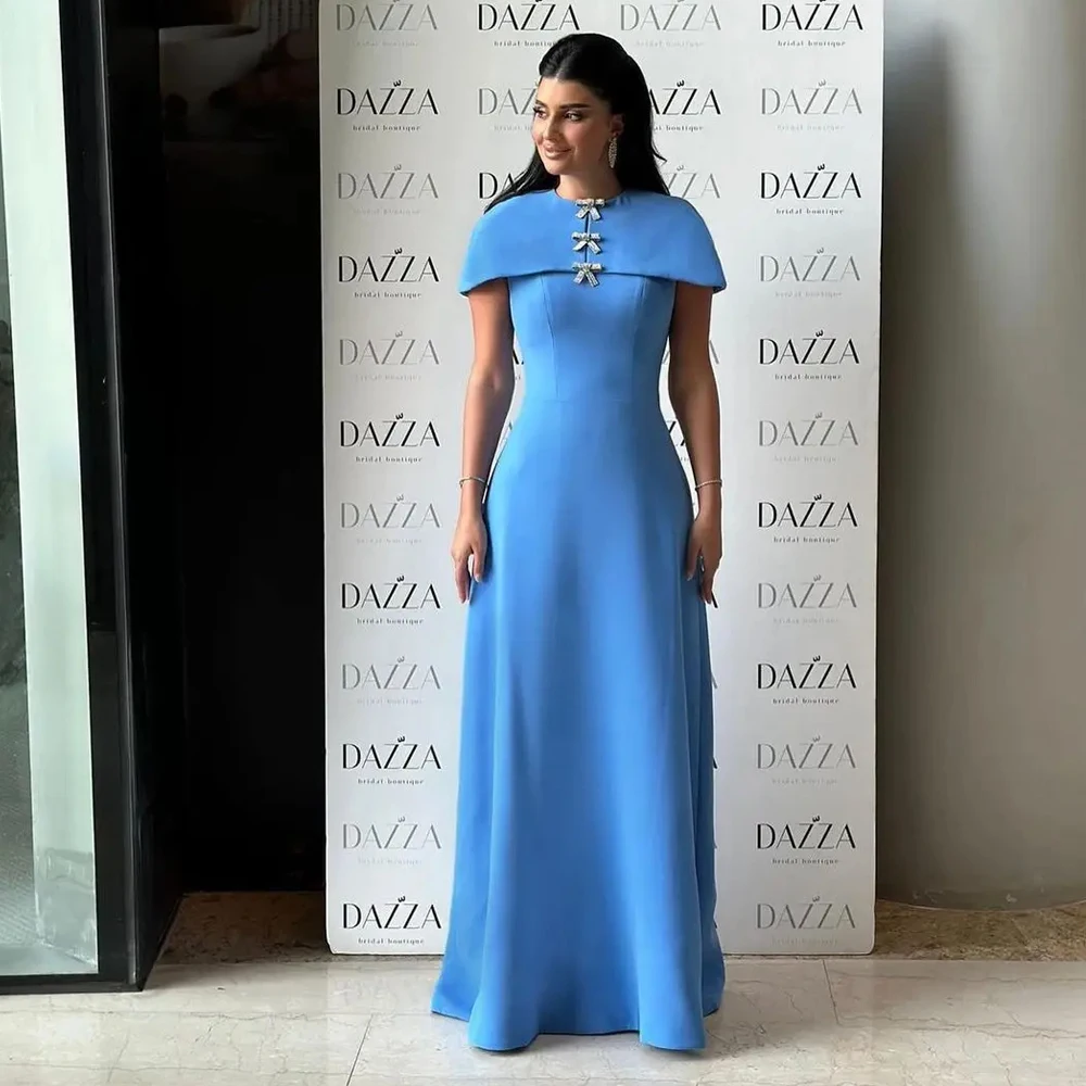 

Bowith Elegant Blue Shawl Sleeves Evening Dresses for Women Floor-Length A Line Beading Bow Long Prom Gown Formal Occasion Dress