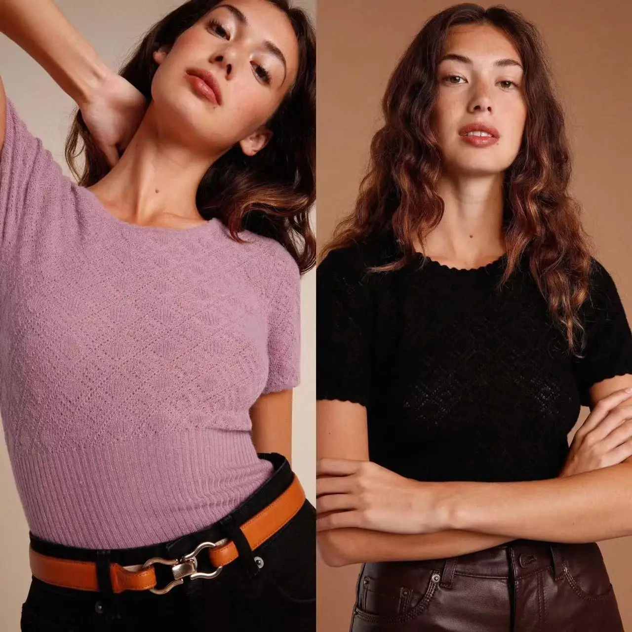 

French Sle Women's Slim Fit Knitted ort Sve Top Hollow out Mixed Fiber Luxury Hollow Knot Hollow out Knitted irt