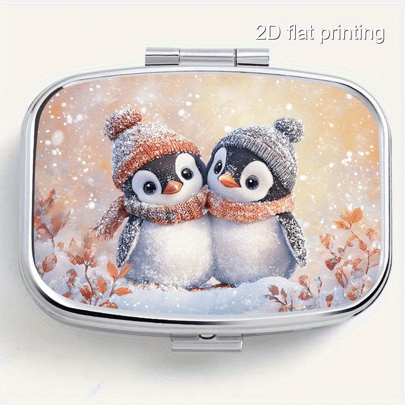 1 Square Pill Box with Snow Penguin Print, Double-Compartment Mini Portable Pill Box, Suitable for Travel, Outdoor Activities, Placing in Your Pocket or Wallet, Portable Pill Case, Multifunctional Metal Box, Can Be Used for Decoration, Storing Jewelry, Earrings, Medicines, Etc.