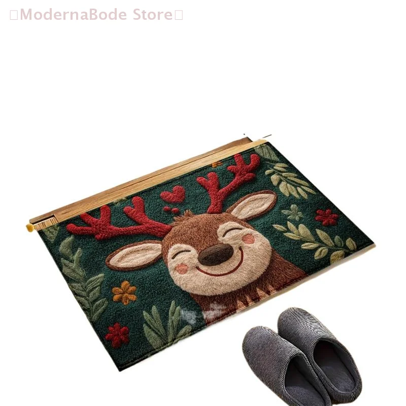 【M】1 tapete de baño esponjoso de microfibra con ciervos navideños, secado rápido y absorbente, diseño festivo festivo con bayas rojas y hojas verdes