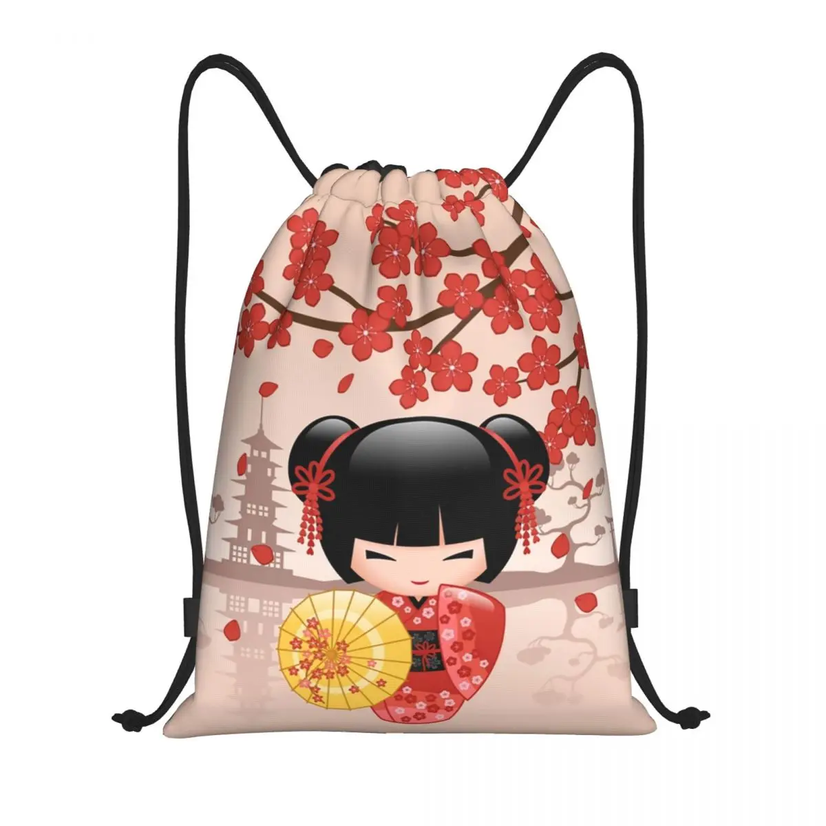 

Japanese Red Sakura Kokeshi Doll Drawstring Backpack Sports Gym Bag for Men Women Cute Girly Cherry Blossom Training Sackpack