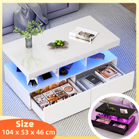 Creahappy Coffee Table with LED Lighting, Living Room Table with 2 Drawers and Open Shelves, Modern Side Table