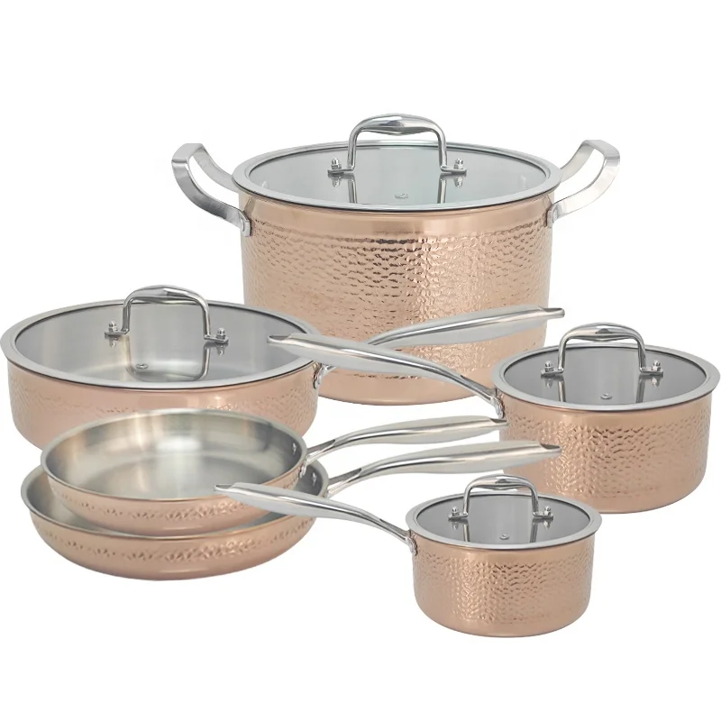 wholesale and retail 10 pcs pots and pans hammered stainless steel 304 cooking pot copper cooker pot set