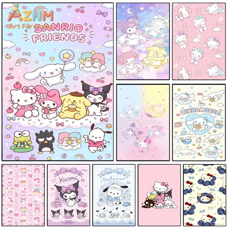 Sanrio Friends Hello Kitty Kuromi Cinnamoroll Cute Cartoon Canvas Wall Art No Frame Single Canvas Painting Poster Girls Bedroom