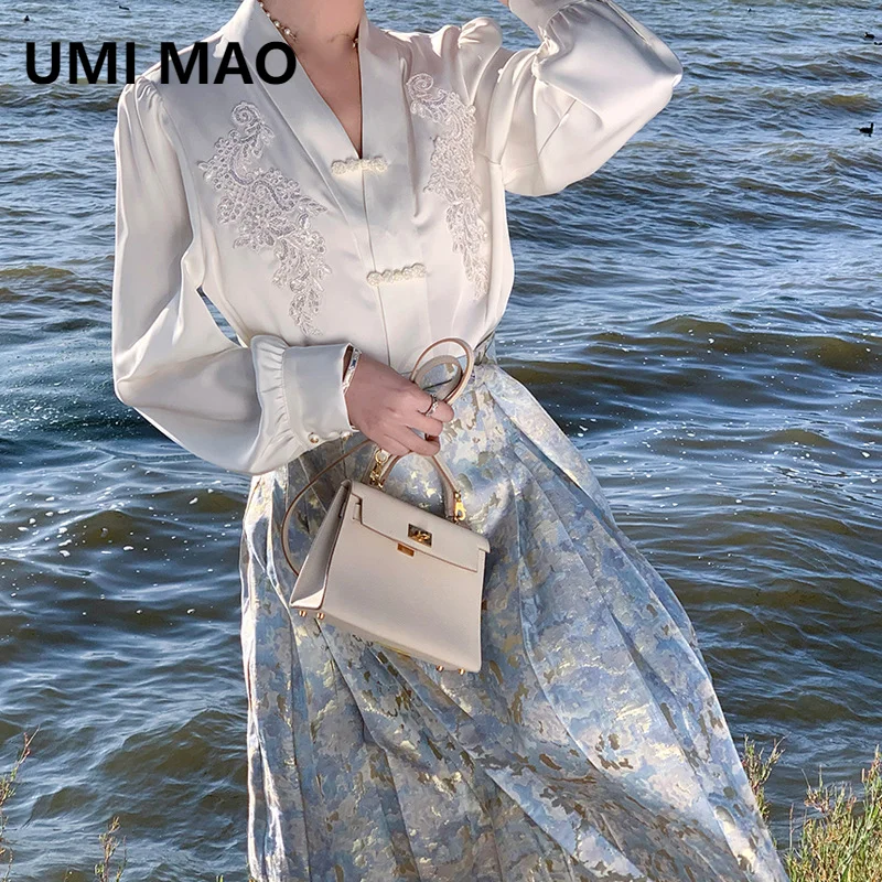 

UMI MAO New Chinese Women's Horse Face Skirt Japanese Spring Summer Chinese Style Embroidered Half Skirt Elegant Women Femme