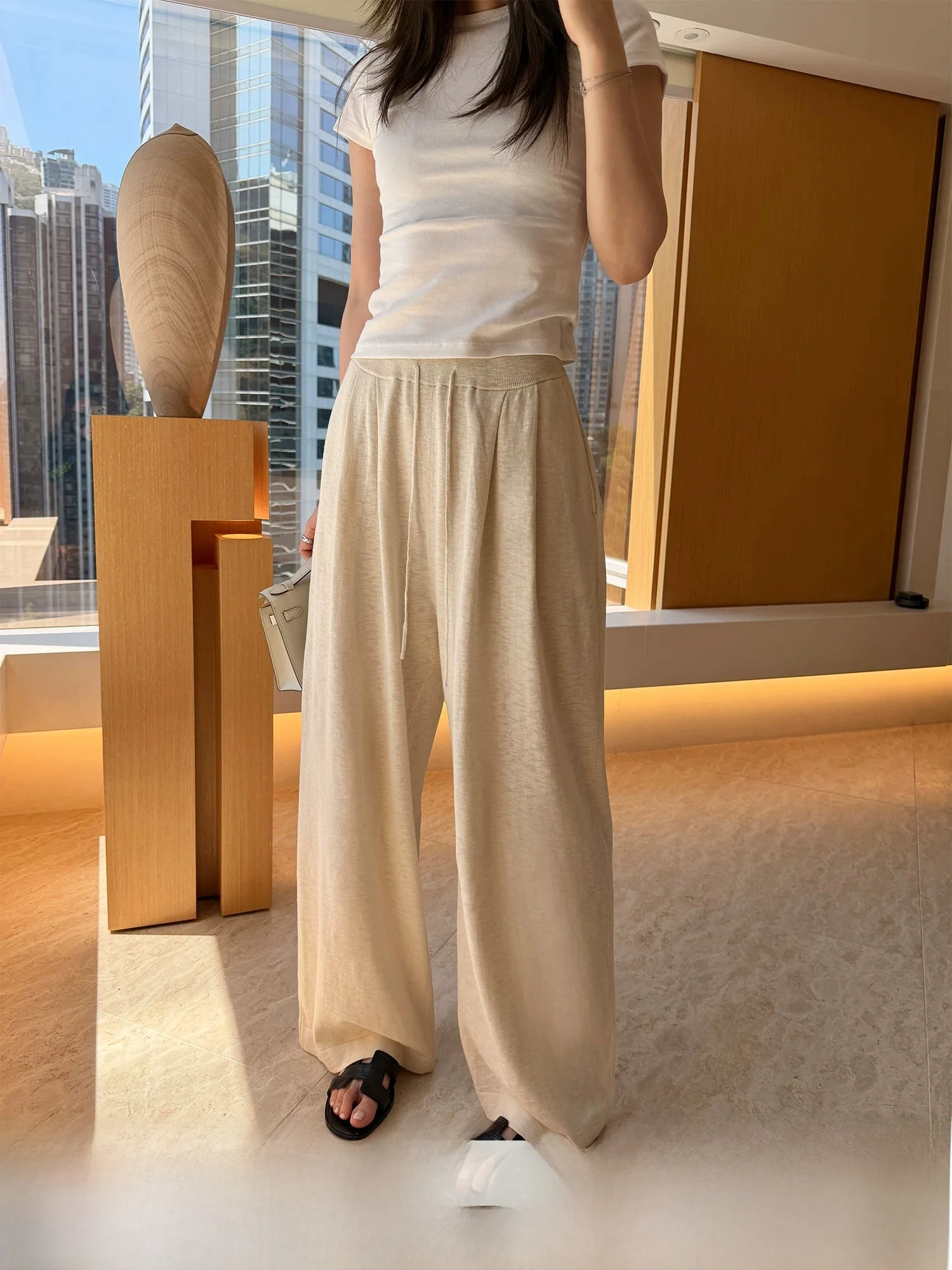 

XiaoYao Yang Loose Comfortable Knitted Wide Leg Pants Women's Cotton Linen Elastic Waist Thin Black Casual Trousers