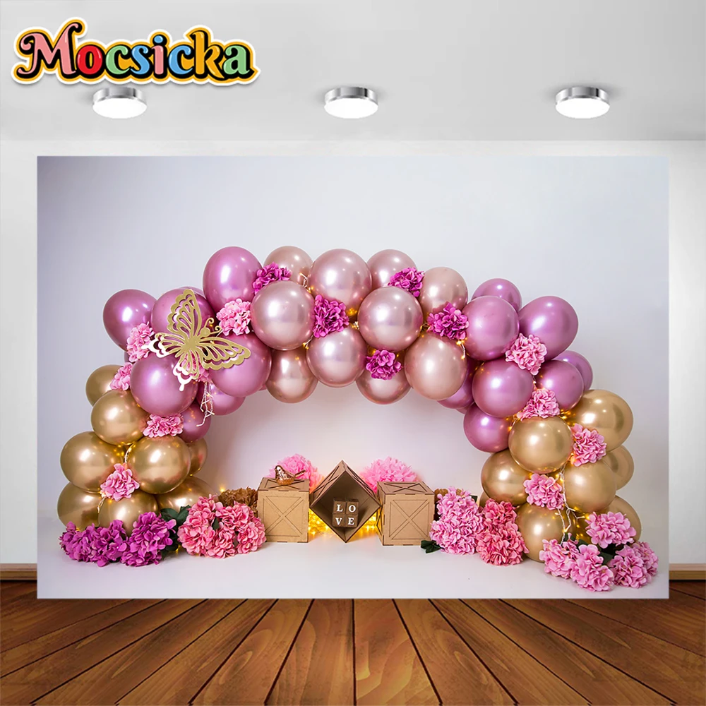 Fondo de fiesta de globos de princesa de colores, fotografía de cumpleaños de niña, pastel, Smash Castle, fondo rosa, estudio de sesión de fotos