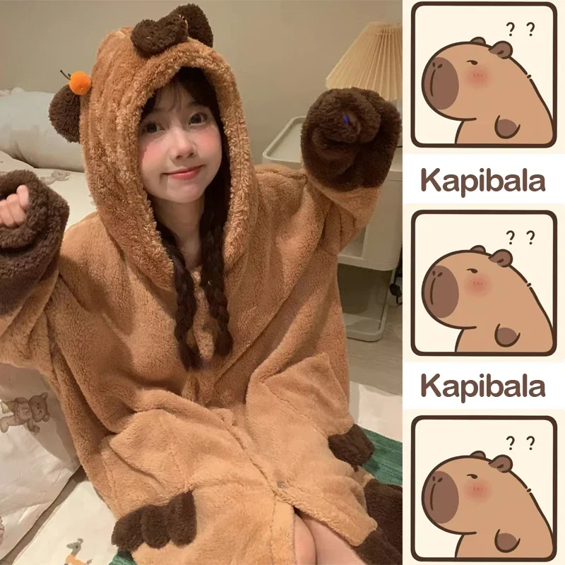 Super Cute Kapibala Pajamas Robe For Women Winter Homewear Sleepwear Lounge Bathrobe Lovely Kawaii Pajama Warm Comfy Fluffy