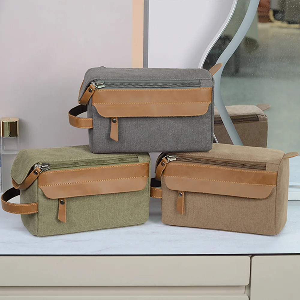 Travel portable large capacity storage portable canvas crazy horse leather stitching color contrast wash and makeup bag