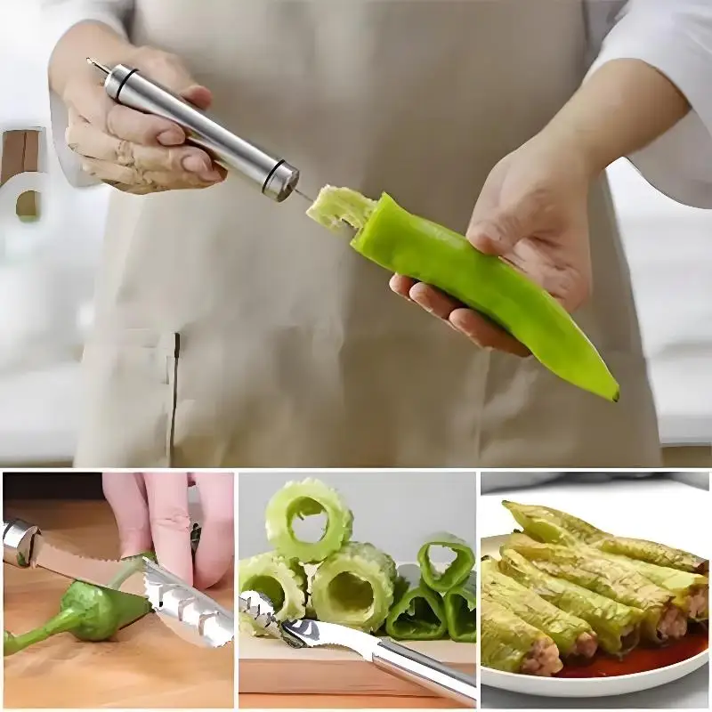 

Kitchen Stainless Steel Corer Chili Corer Bitter Gourd Seed Remover Core Digging Knife Green Pepper Cutter Seed Digging Tool