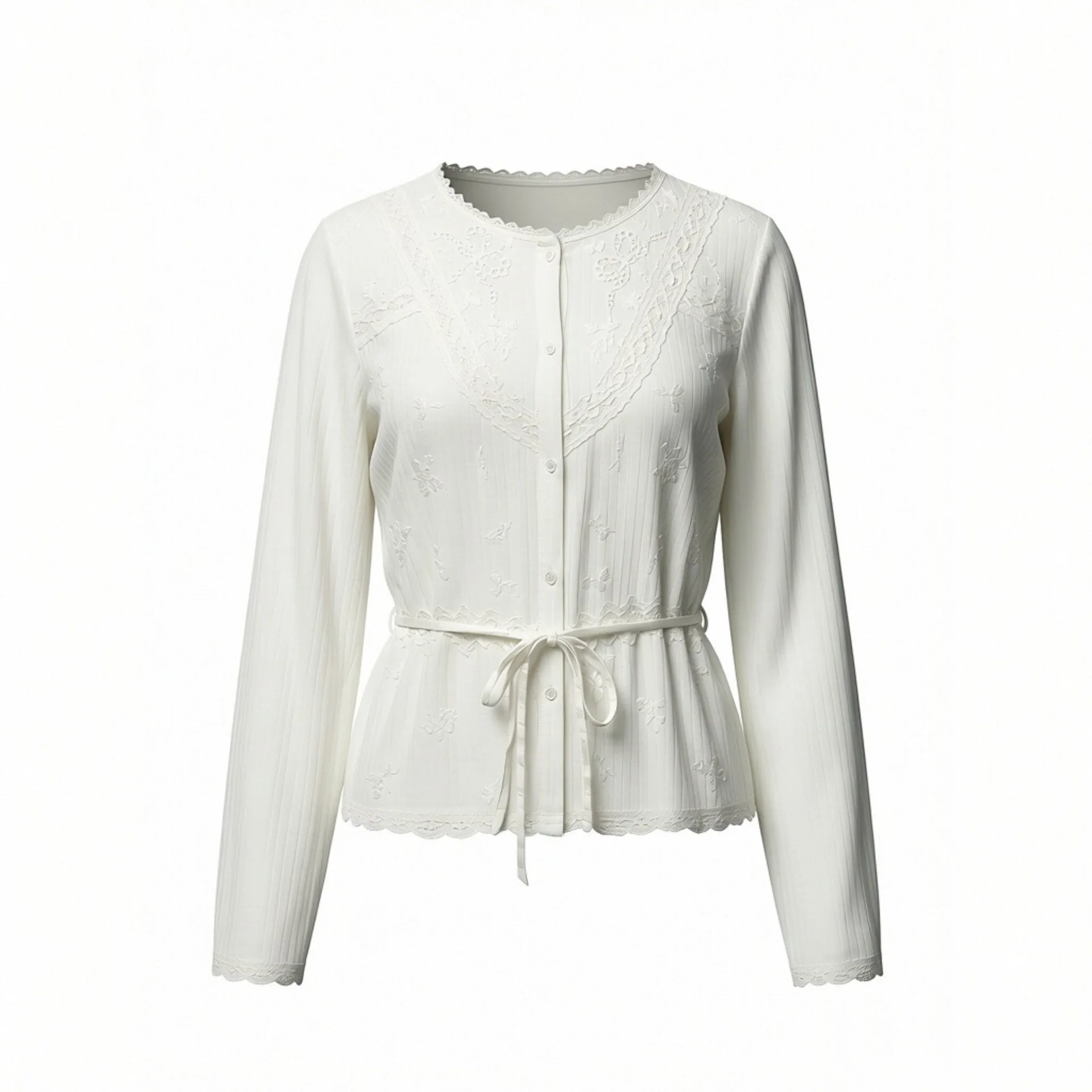 

Withered Embroidered Round Neck Long Sleeved Slim Fitting Lace Up Shirt Woman Clothes Shirts & Blouses Women's Clothes Shirts