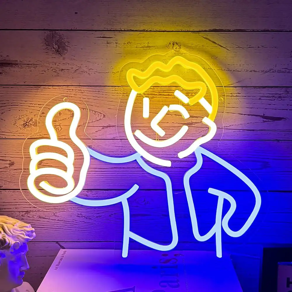 

Неоновые вывески Vault Boy для декора стен Светодиодные неоновые вывески с регулируемой яркостью для геймера Mave Cave Спальня Домашний бар Вечеринка Паб с питанием от USB