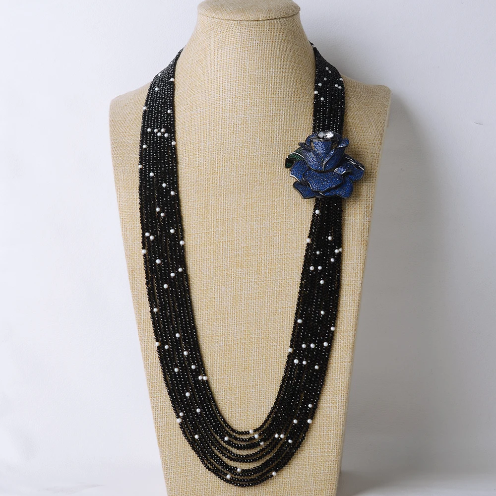 10strands black stone white freshwater pearl necklace micro inlay zircon blue flowers accessorie 80-90cm fashion jewelry