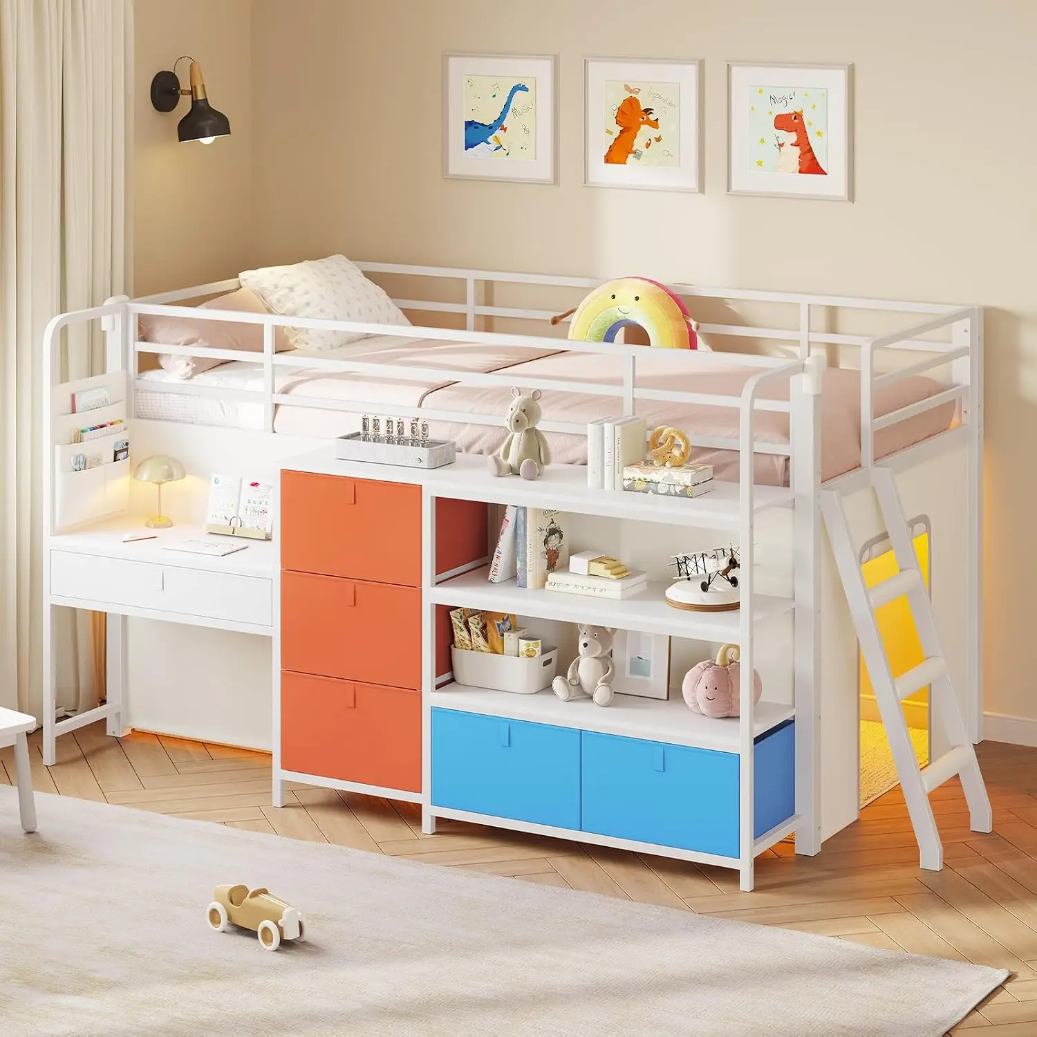 Low Loft Bed Twin Size with Desk, 6 Storage Drawers & Bookshelf, Kids Loft Bed with LED Lights & Under-Bed Play, Customized
