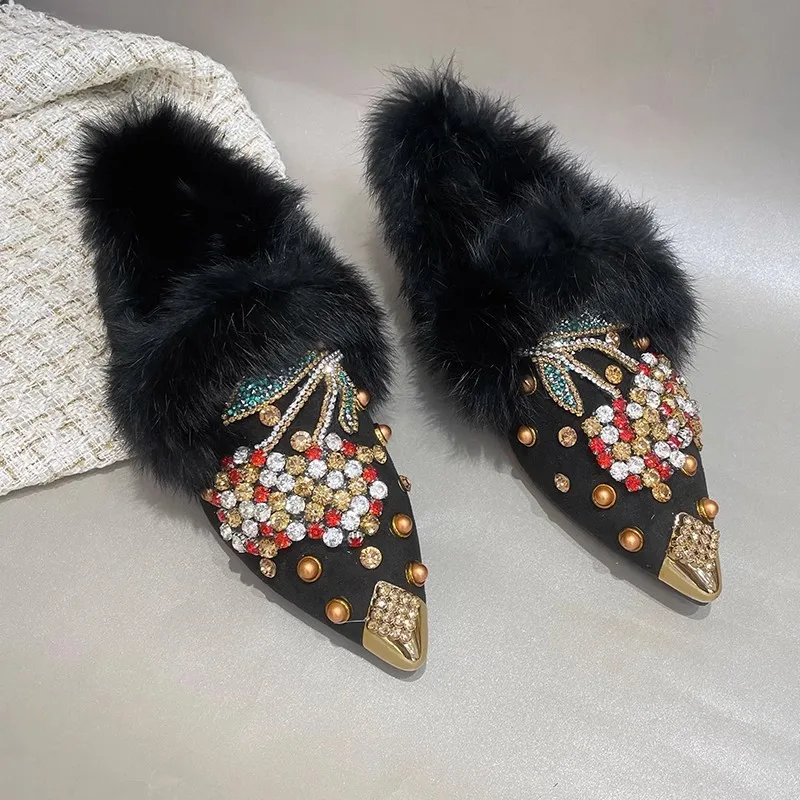 New Rabbit Fur Pearl Multi Cystal Cherry Fox Flats Loafers Crystal Studs pointy toe Winter Fur Causal Shoes Woman Footwear